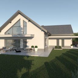 Mirage Studio Sebastian Rzymski - Wizualizacja domu jednorodzinnego z ogrodem, tarasem i psem. Nowoczesna architektura z dużymi przeszkleniami i minimalistycznym wykończeniem elewacji. Jasne barwy, gra świateł.