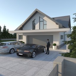 Mirage Studio Sebastian Rzymski - Wizualizacja nowoczesnego domu z garażem, dwoma samochodami i elegancko ubranym mężczyzną. Minimalistyczna architektura, jasna elewacja, szara dachówka i starannie zagospodarowany teren.