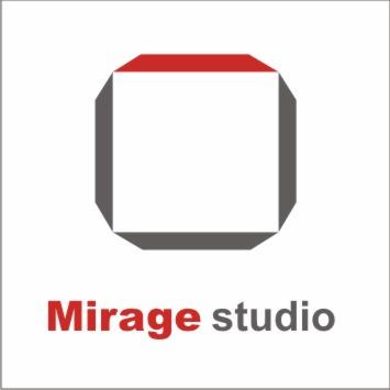 Logo firmy Mirage studio z geometrycznym symbolem kwadratu z czerwonym i szarym akcentem.