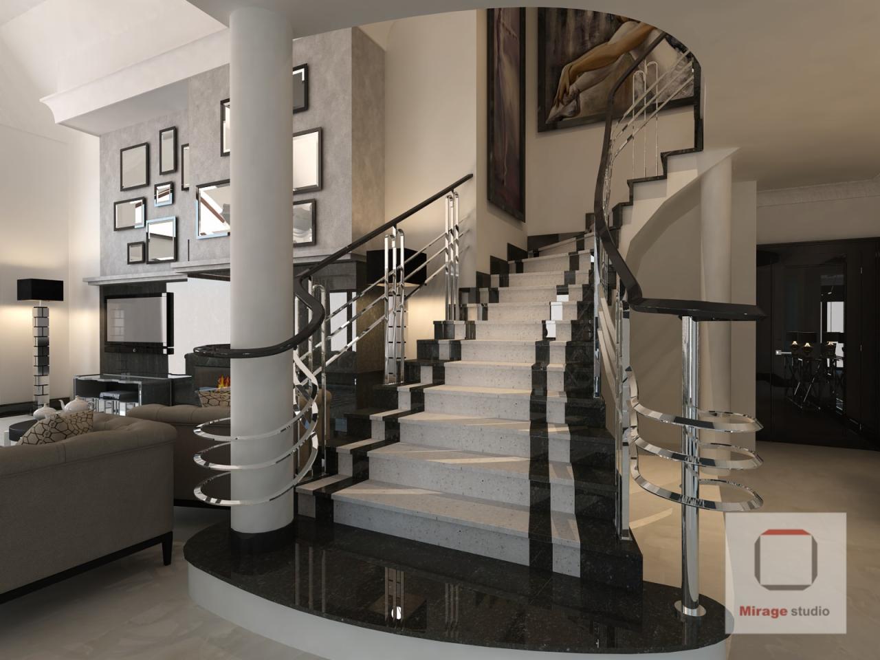 Nowoczesne wnętrze z biało-czarnymi schodami spiralnymi, chromowanymi balustradami, salonem z telewizorem i kominkiem w tle oraz galerią obrazów na ścianie.