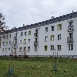 LIS BARTŁOMIEJ ZAKŁAD REMONTOWO-BUDOWLANY - Odnowiony blok z ocieploną elewacją w jasnych barwach z zielonymi akcentami okiennymi, widok z trawnika z młodymi drzewkami. Szara podbitka dachowa.