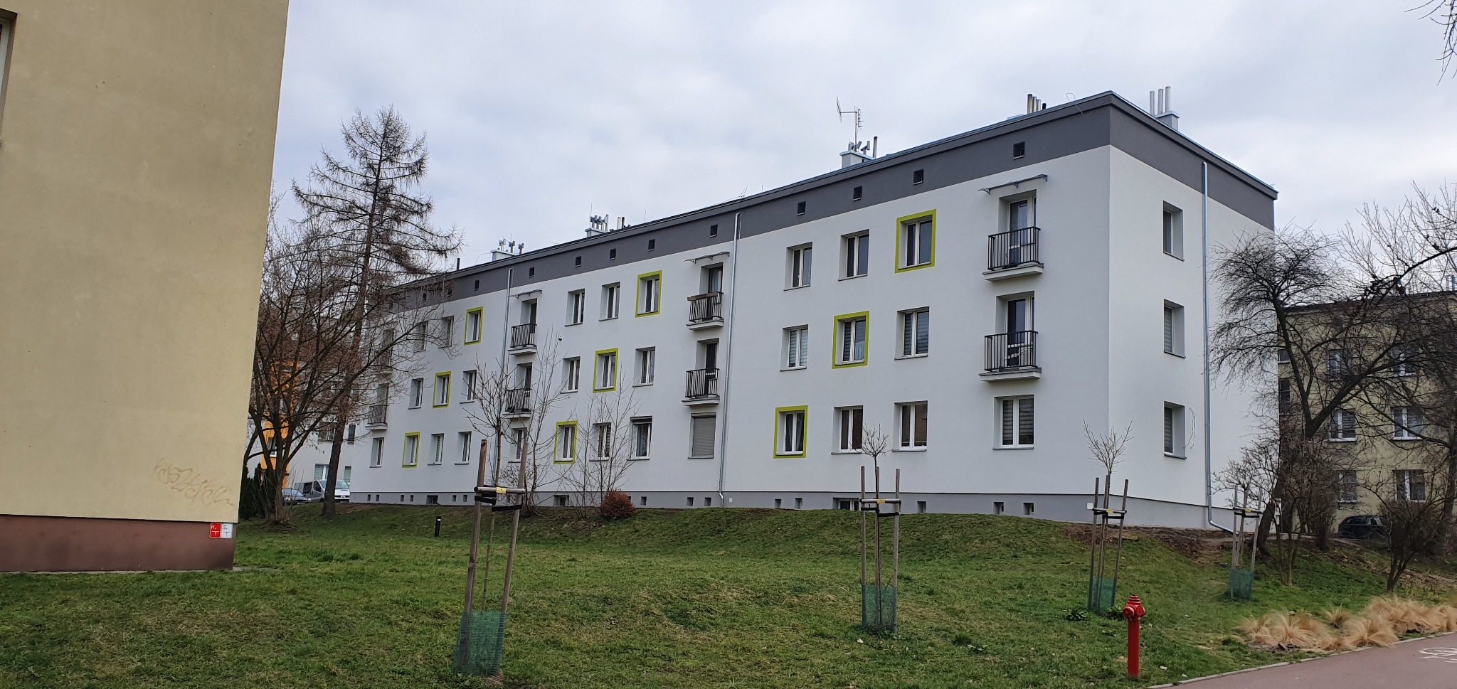 Odnowiony blok z ocieploną elewacją w jasnych barwach z zielonymi akcentami okiennymi, widok z trawnika z młodymi drzewkami. Szara podbitka dachowa.