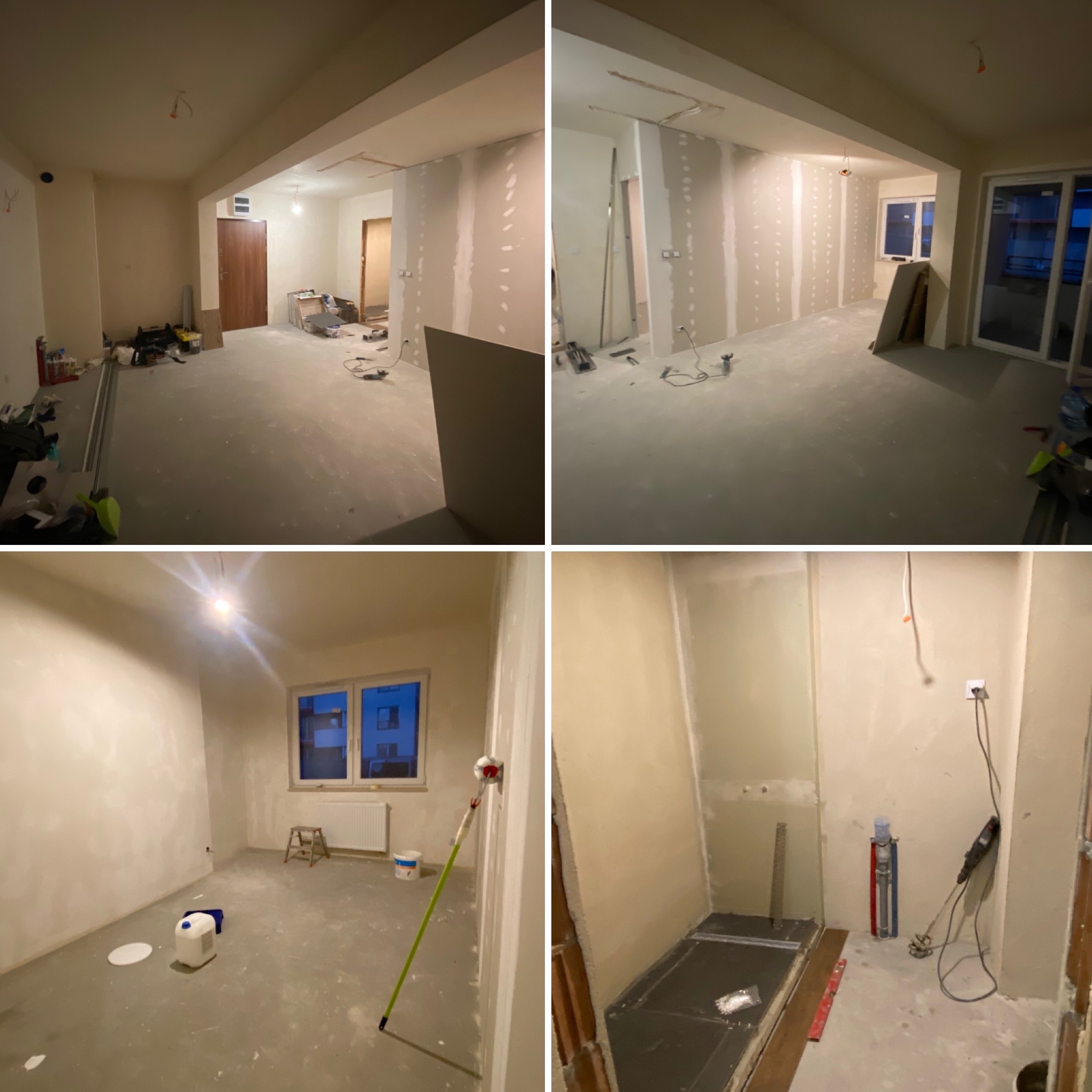 Wnętrze w trakcie prac remontowych: szpachlowane ściany, przygotowania do malowania, widoczne narzędzia i materiały budowlane, częściowo wykończona łazienka z brodzikiem.