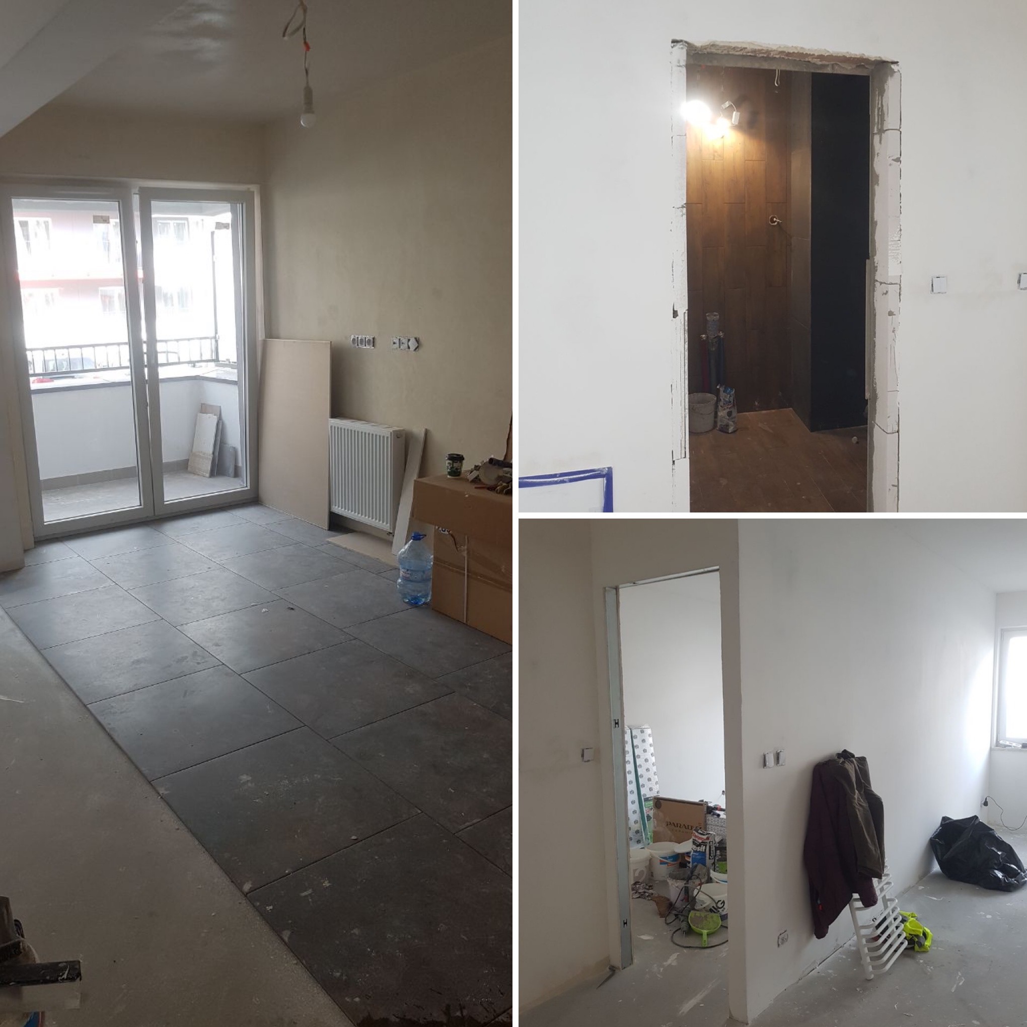 Kolaż przedstawia wnętrze mieszkania w trakcie remontu: ułożone płytki na podłodze, przygotowane wejście do łazienki z widoczną kabiną prysznicową i fragmentem brązowych płytek, oraz pokój...