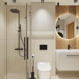 IdealForm Natalia Gosztyła - Wizualizacja łazienki - prysznic, zabudowa WC, umywalka + lustro