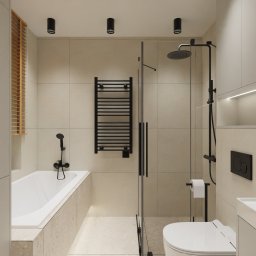 IdealForm Natalia Gosztyła - Wizualizacja łazienki - prysznic, zabudowa WC, wanna, grzejnik łazienkowy