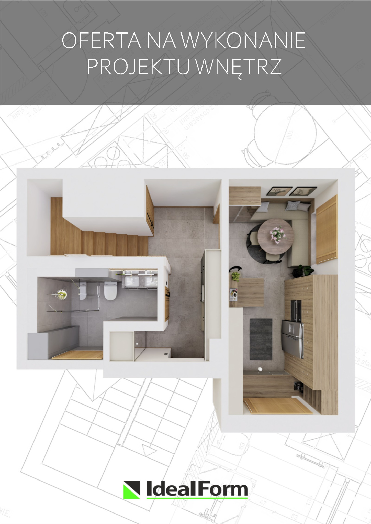 Rzut z góry na wizualizację mieszkania z łazienką, kuchnią i salonem, prezentujący układ pomieszczeń i umeblowanie w stonowanych kolorach, z logo firmy IdealForm w dolnej części.
