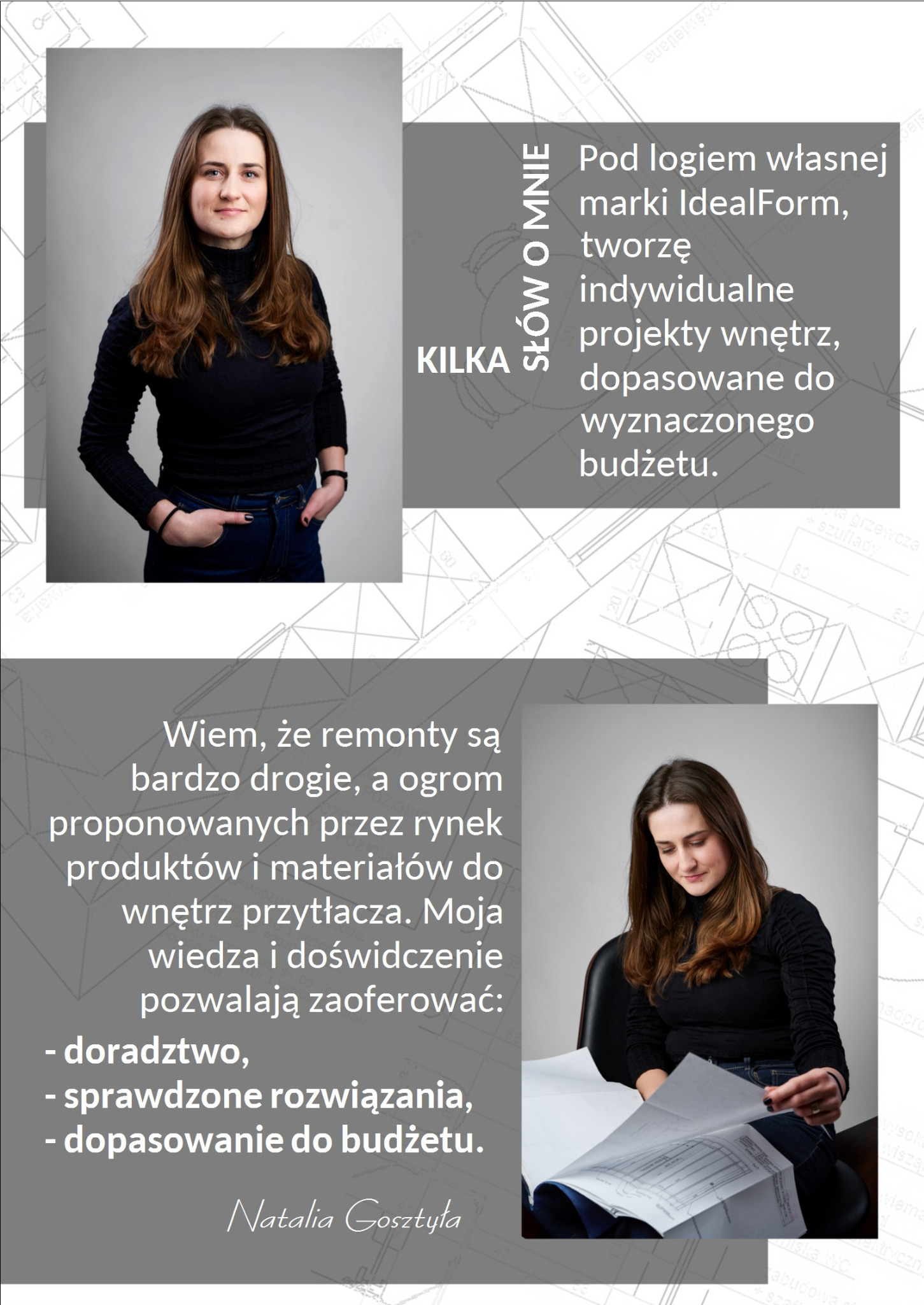 Portret kobiety, prawdopodobnie architektki wnętrz, na tle planów architektonicznych i tekstu o projektowaniu wnętrz dopasowanym do budżetu, siedzącej na krześle i przeglądającej plany.