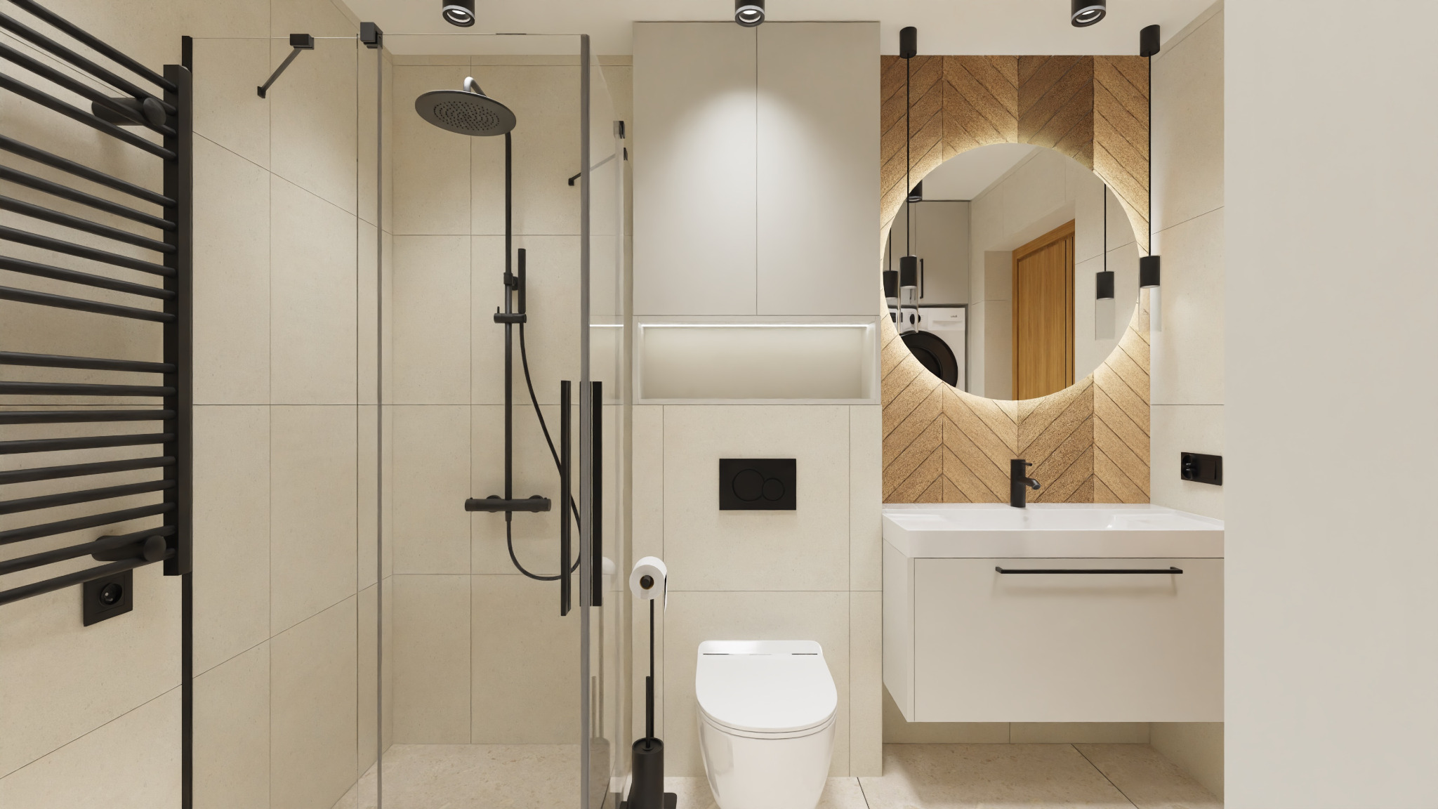 Wizualizacja łazienki - prysznic, zabudowa WC, umywalka + lustro