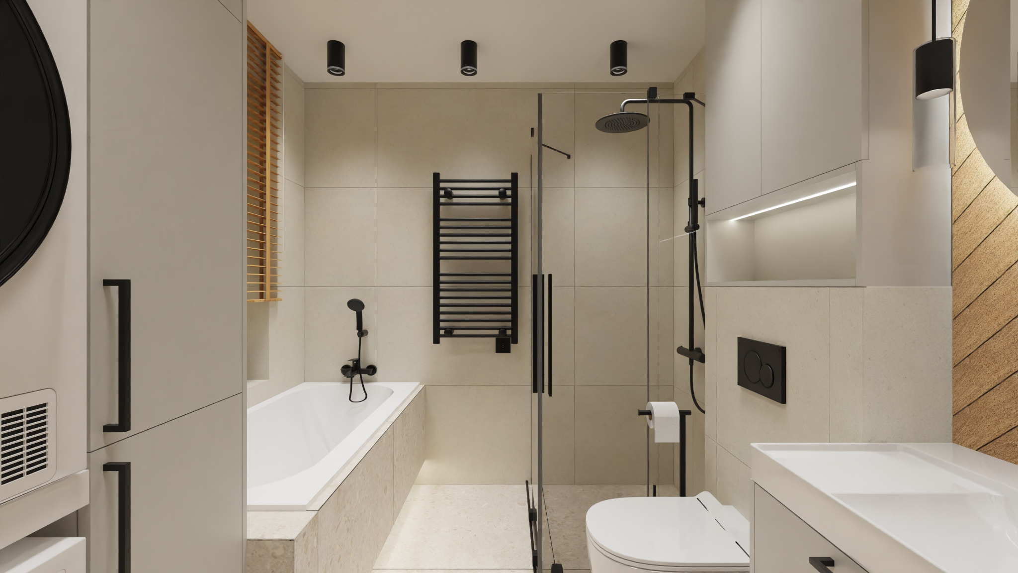 Wizualizacja łazienki - prysznic, zabudowa WC, wanna, grzejnik łazienkowy