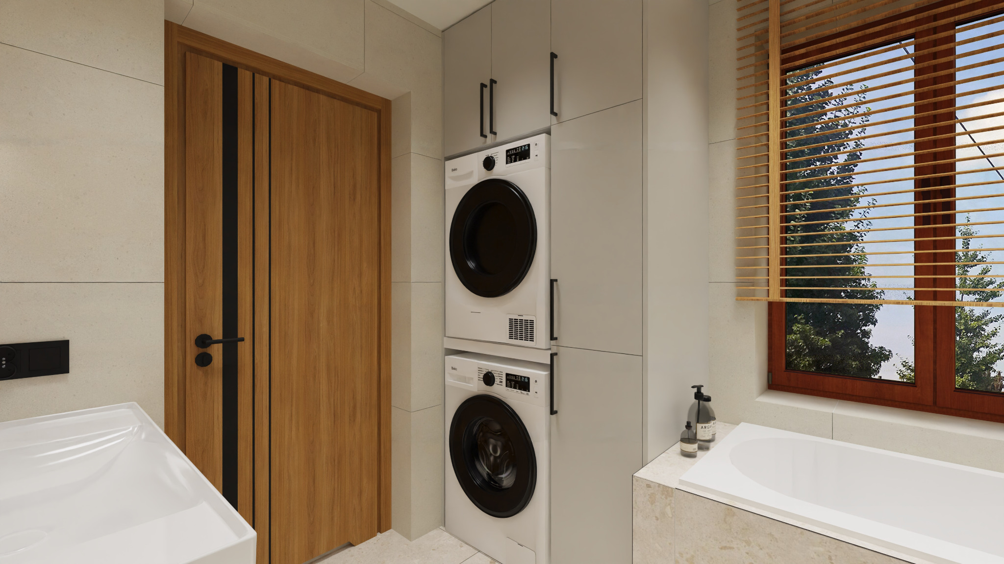 Wizualizacja łazienki - zabudowa pralki i suszarki