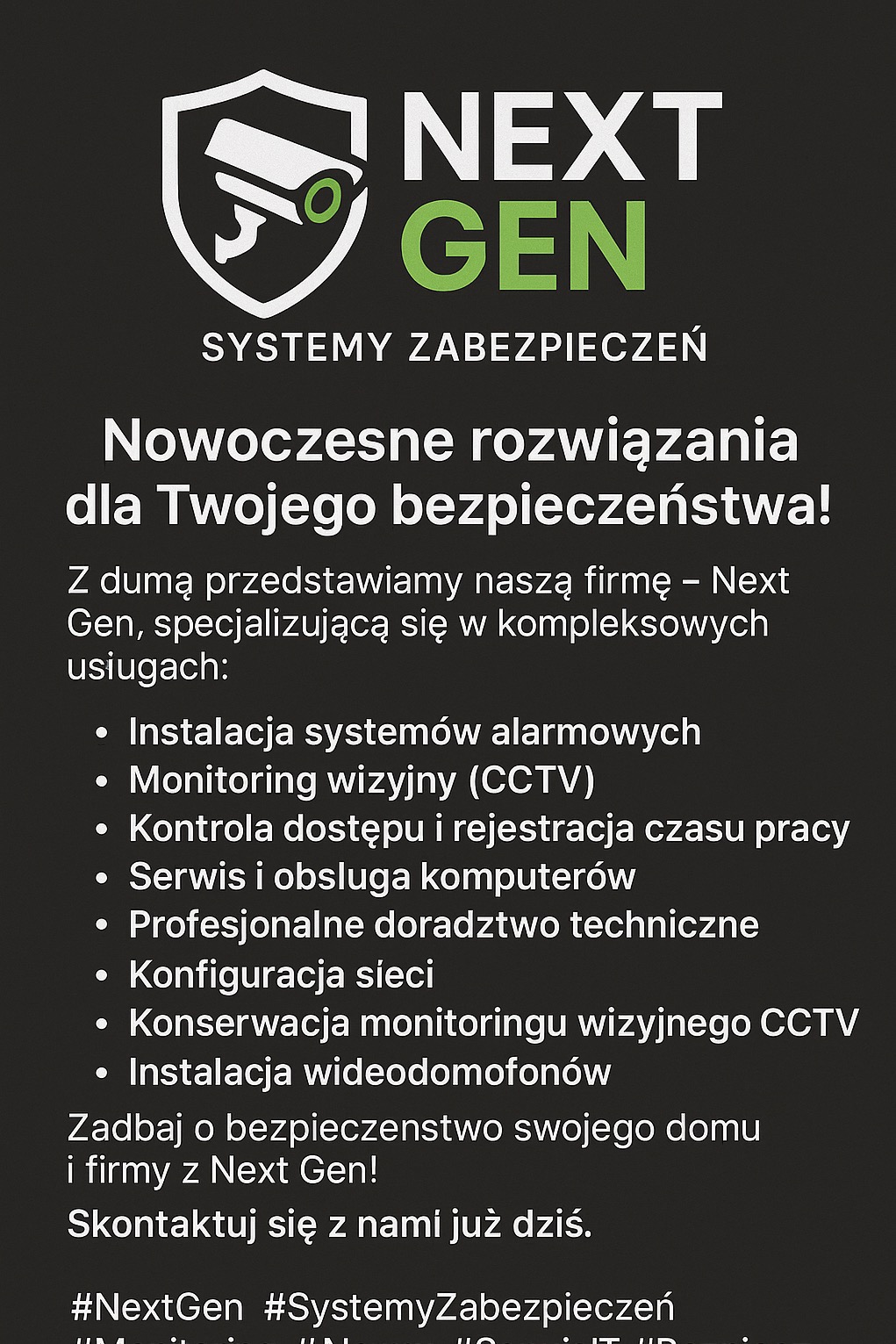 Logo firmy Next Gen Systemy Zabezpieczeń: kamera CCTV w tarczy, napis 'Next Gen', nowoczesne rozwiązania dla bezpieczeństwa, instalacja alarmów, monitoring wizyjny.