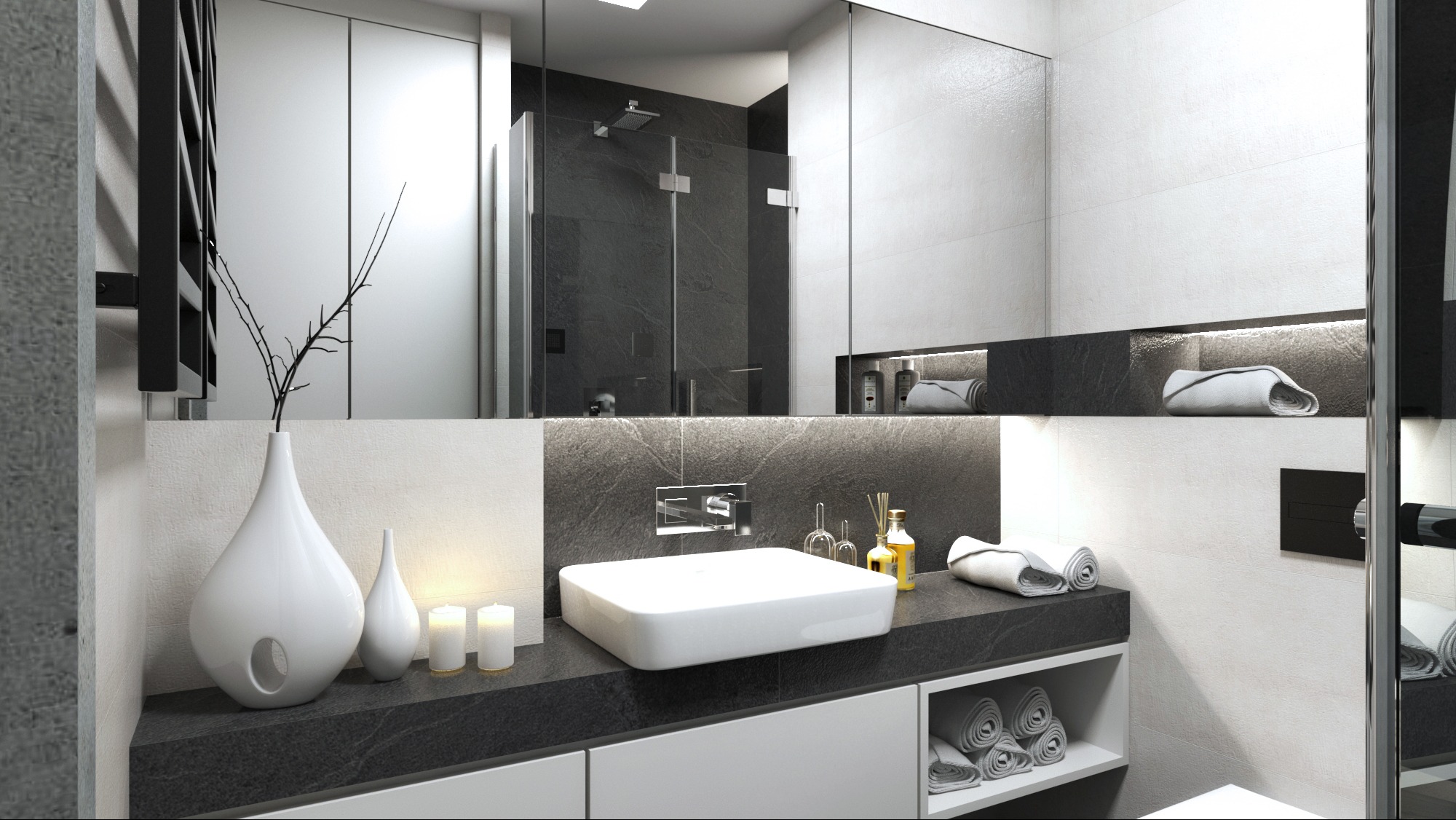 Nowoczesna łazienka z czarno-białymi akcentami: umywalka nablatowa, minimalistyczna armatura, szklana kabina prysznicowa i dekoracyjne wazony.