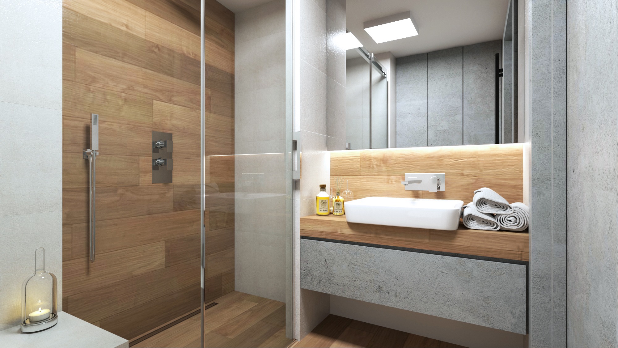 Nowoczesna łazienka z drewnianą ścianą prysznica, szklaną kabiną, białą umywalką na drewnianym blacie i betonową szafką. Minimalistyczny design z oświetleniem LED.