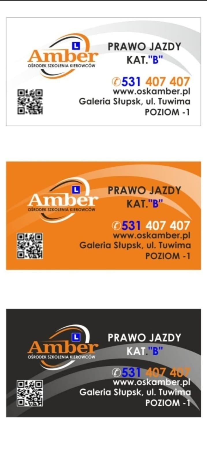 Wizytówka ośrodka szkolenia kierowców Amber z Słupska, zawierająca logo, dane kontaktowe, adres strony internetowej i kod QR.