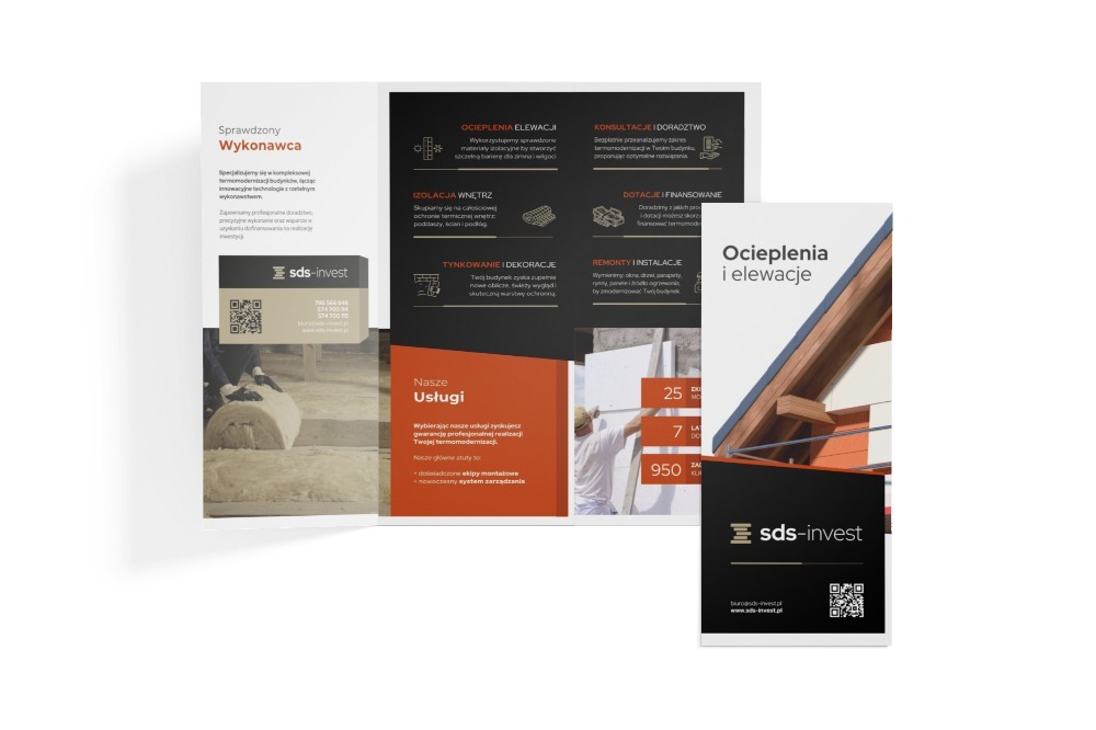Ulotka reklamowa firmy sds-invest prezentująca usługi ocieplania i elewacji, izolacji wnętrz, tynkowania i dekoracji, konsultacji, dotacji i remontów.