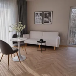 Jasne wnętrze pokoju z parkietem w jodełkę, białym stolikiem kawowym z kwiatami, szarą sofą, czarnym stolikiem pomocniczym z dwoma filiżankami i plakatami w czarnych ramkach na ścianie.