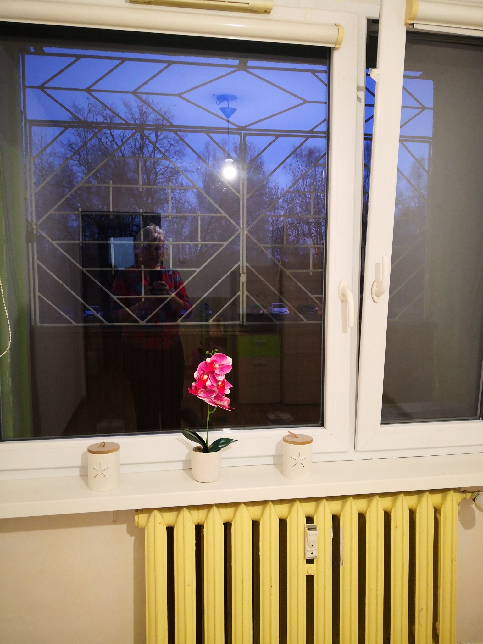 Białe okno z kratą, widok na zewnątrz z drzewami, na parapecie dekoracje i żółty grzejnik żeliwny, odbicie osoby robiącej zdjęcie.