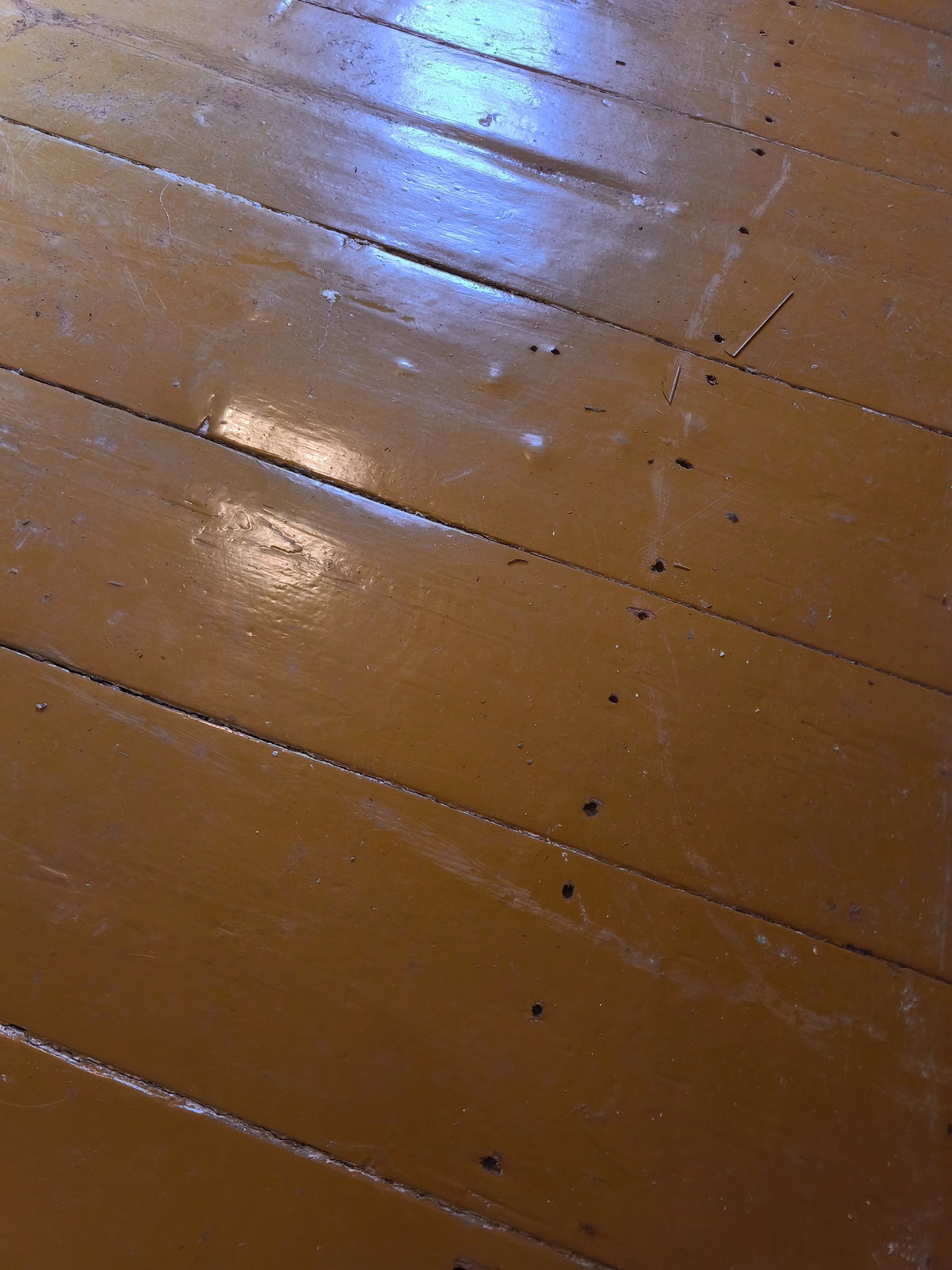 Lakierowana, brązowa podłoga z desek z widocznymi śladami użytkowania i drobnymi zabrudzeniami. Widoczne szpary między deskami i odbicia światła.