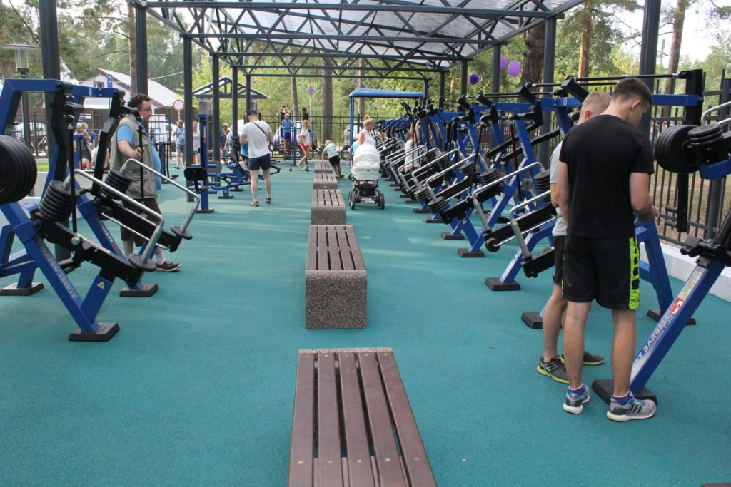 Plenerowa siłownia z niebieskimi urządzeniami do ćwiczeń, ławkami i zieloną nawierzchnią, otoczona drzewami. Widoczni ludzie korzystający z urządzeń.