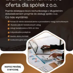 Reklama biura rachunkowego dla spółek z o.o. z informacją o wieloletnim doświadczeniu, wysokiej jakości usługach online, indywidualnym podejściu, dobrym kontakcie i konkurencyjnych cenach. W tle...