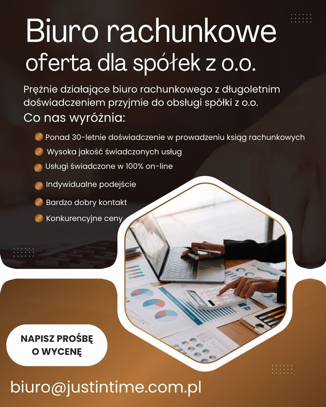 Reklama biura rachunkowego dla spółek z o.o. z informacją o wieloletnim doświadczeniu, wysokiej jakości usługach online, indywidualnym podejściu, dobrym kontakcie i konkurencyjnych cenach. W tle...