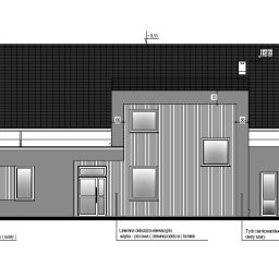HYDRA Biuro Projektowe Jan Cieśliński - Projekt elewacji domu jednorodzinnego z grafitową blachodachówką, białym i szarym tynkiem strukturalnym oraz pionową okładziną elewacyjną imitującą drewno.