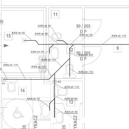 HYDRA Biuro Projektowe Jan Cieśliński - Schemat instalacji kanalizacyjnej z oznaczeniami średnic rur w łazienkach i toaletach. Widoczne umywalki, toalety i inne elementy wyposażenia.