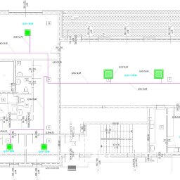 HYDRA Biuro Projektowe Jan Cieśliński - Projekt instalacji sanitarnej: schemat z naniesionymi punktami nawiewu o różnej mocy (kW) i wymiarami przewodów wentylacyjnych na planie budynku.