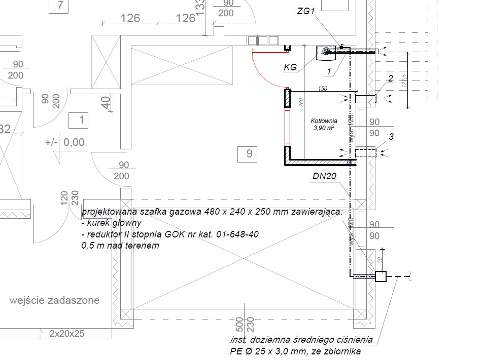 Projekt instalacji gazowej: schemat kotłowni 3,90 m² z szafką gazową 480x240x250 mm, reduktorem II stopnia GOK, instalacją doziemną średniego ciśnienia PE Ø 25x3,0 mm.