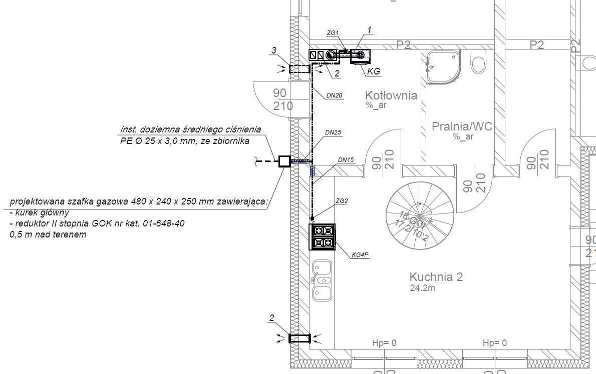 Projekt instalacji gazowej w budynku: schemat z oznaczeniami kotłowni, kuchni i pralni, z zaznaczonymi punktami przyłączeniowymi i wymiarami. Rzut z góry.