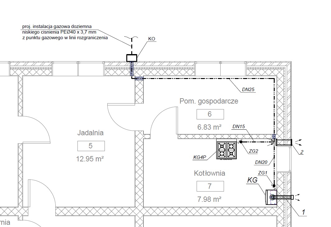 Schemat instalacji gazowej doziemnej niskiego ciśnienia PEØ40 x 3,7 mm, z oznaczeniami pomieszczeń: jadalnia, pom. gospodarcze, kotłownia i przyłączami.
