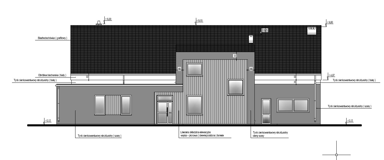Projekt elewacji domu jednorodzinnego z grafitową blachodachówką, białym i szarym tynkiem strukturalnym oraz pionową okładziną elewacyjną imitującą drewno.