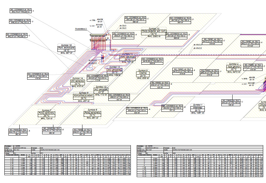 Schemat instalacji ogrzewania podłogowego z naniesionymi danymi technicznymi dla poszczególnych pomieszczeń, widok z góry, szczegółowy plan.