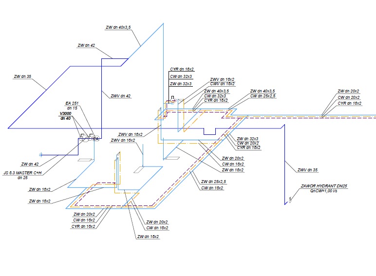 Schemat instalacji sanitarnej z oznaczeniami rur (ZW, CW, ZWV, CYR) i zaworów. Plan techniczny z wymiarami i specyfikacją elementów.