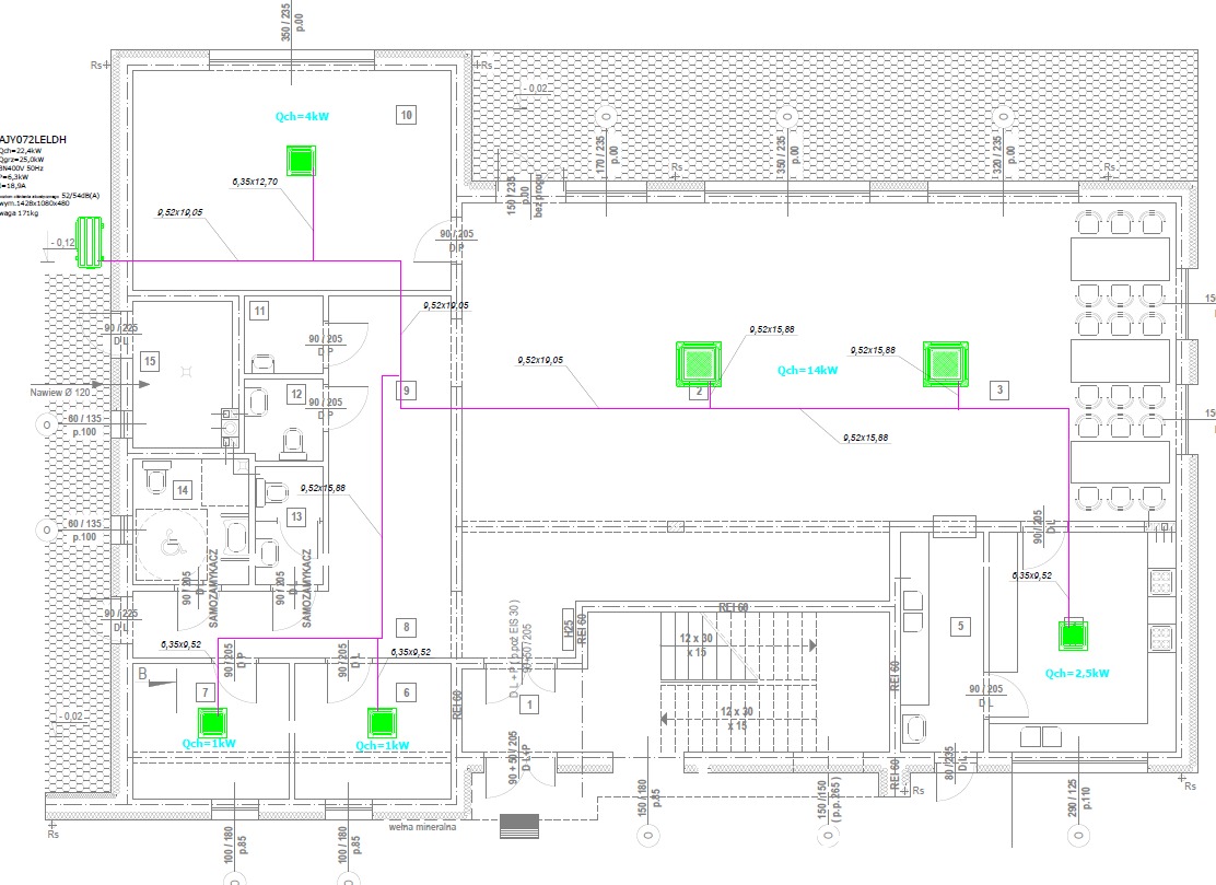 Projekt instalacji sanitarnej: schemat z naniesionymi punktami nawiewu o różnej mocy (kW) i wymiarami przewodów wentylacyjnych na planie budynku.