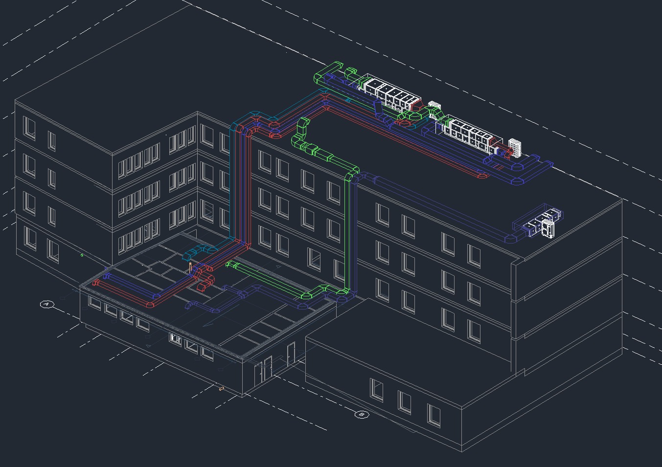 Schemat instalacji sanitarnych w budynku, widok izometryczny. Kolorowe rury i urządzenia na tle ciemnego planu architektonicznego. Precyzyjny rysunek techniczny.