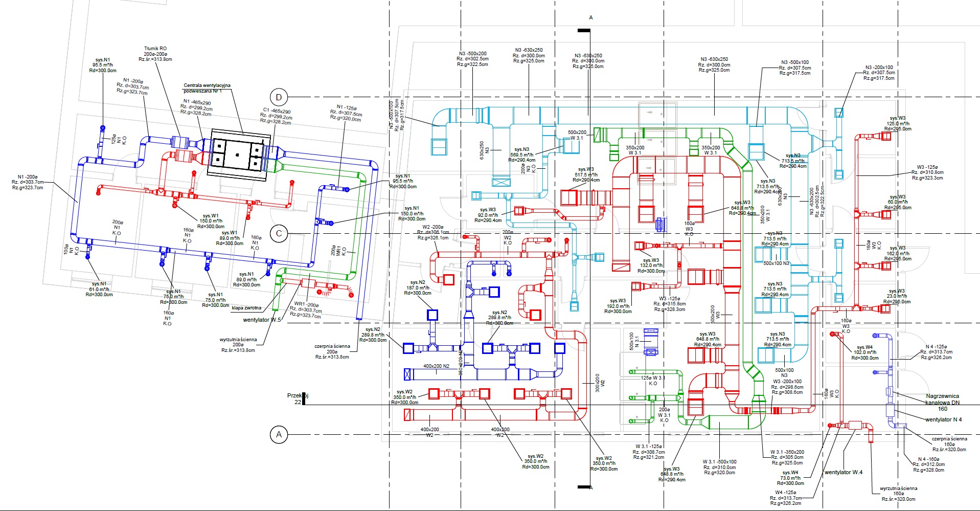 Szczegółowy schemat instalacji wentylacyjnej z oznaczeniami przepływu powietrza, wymiarami kanałów i lokalizacją urządzeń, prezentowany w formie technicznego rysunku.
