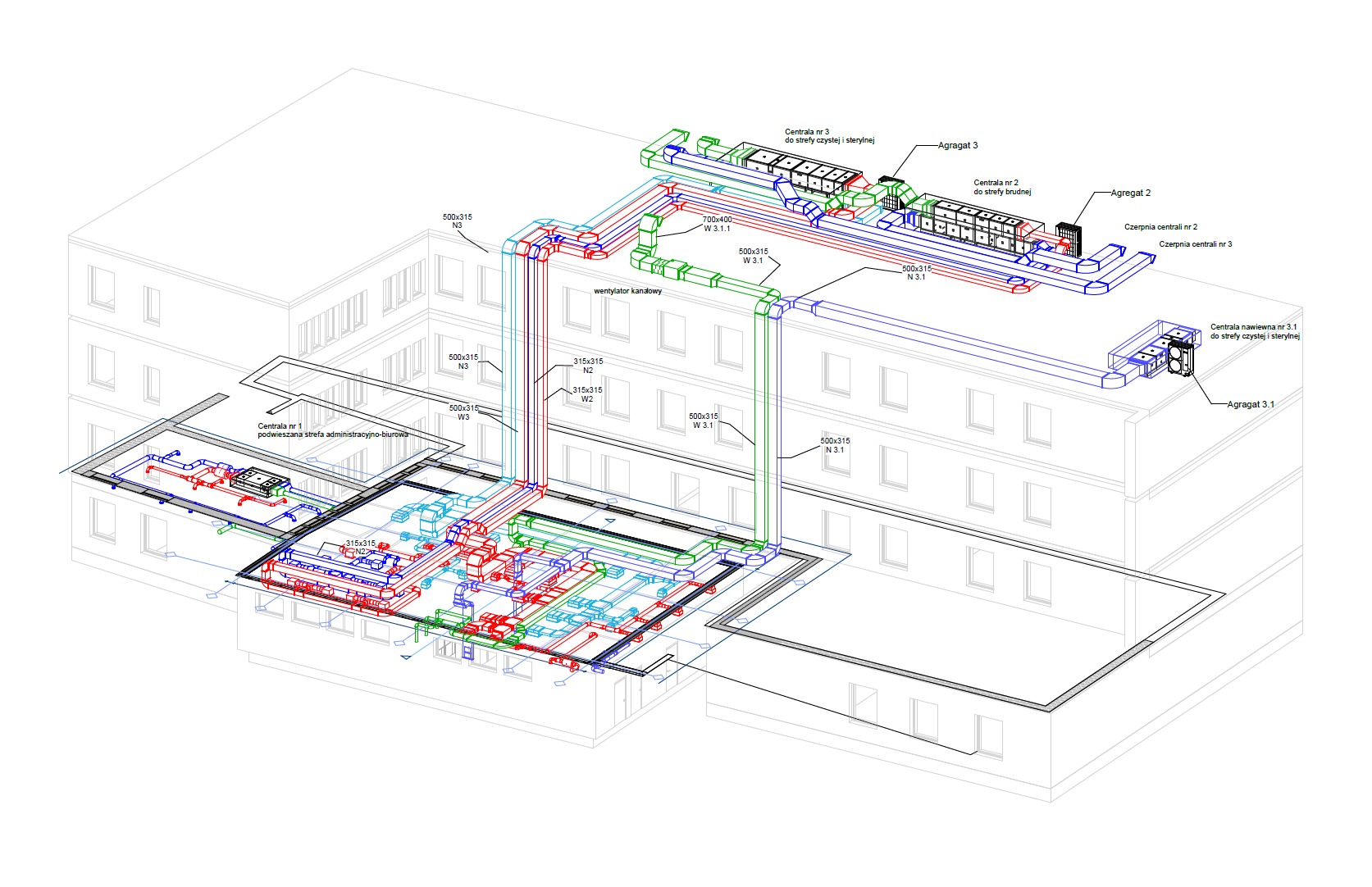 Schemat instalacji wentylacyjnej budynku z zaznaczonymi centralami i kanałami, widok izometryczny, kolorowe linie na tle bryły budynku.