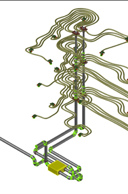 Schemat 3D instalacji sanitarnej z rurami i elementami łączeniowymi w odcieniach szarości, zieleni i żółci na białym tle. Precyzyjny model instalacji.