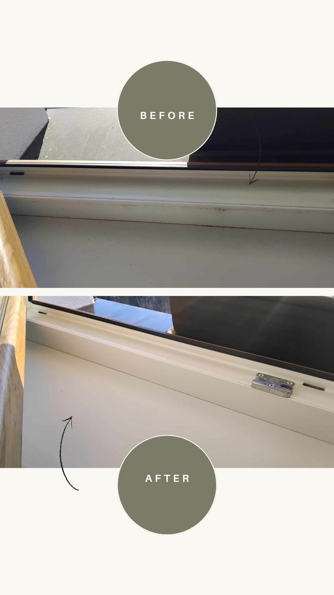 Porównanie stanu okna przed i po czyszczeniu, widoczne różnice w czystości ramy okiennej i parapetu.