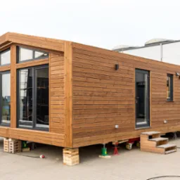 Gotowy modułowy dom z drewnianą elewacją, ustawiony na tymczasowych podporach przed montażem na fundamencie, z widocznymi oknami i drzwiami.