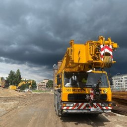 EHC Karol Zagajewski sp. k. - Żółty dźwig samochodowy EHC na placu budowy z widocznymi wykoparkami i stertą zbrojeń na tle burzowego nieba.