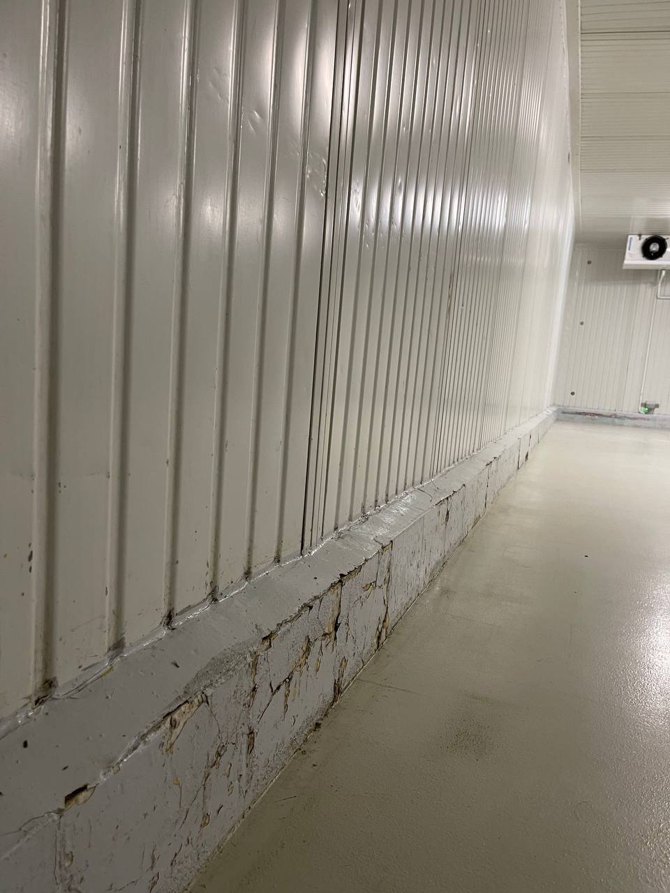 Wnętrze chłodni z panelami ściennymi i uszkodzoną, pękającą farbą na cokole przy podłodze.