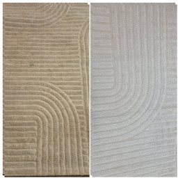 PABLITO Paweł Chwiećko - Dywan z geometrycznym wzorem, podzielony na dwie części: zabrudzoną i wyczyszczoną, ukazujący efekt prania. Widoczne różnice w kolorze i czystości włókien.