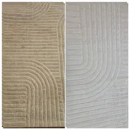 Dywan z geometrycznym wzorem, podzielony na dwie części: zabrudzoną i wyczyszczoną, ukazujący efekt prania. Widoczne różnice w kolorze i czystości włókien.