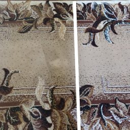 PABLITO Paweł Chwiećko - Dywan z beżowym tłem i brązowym wzorem, podzielony na dwie części: 'Przed' z widocznymi plamami i 'Po' - czysty, ukazujący efekt usługi prania.