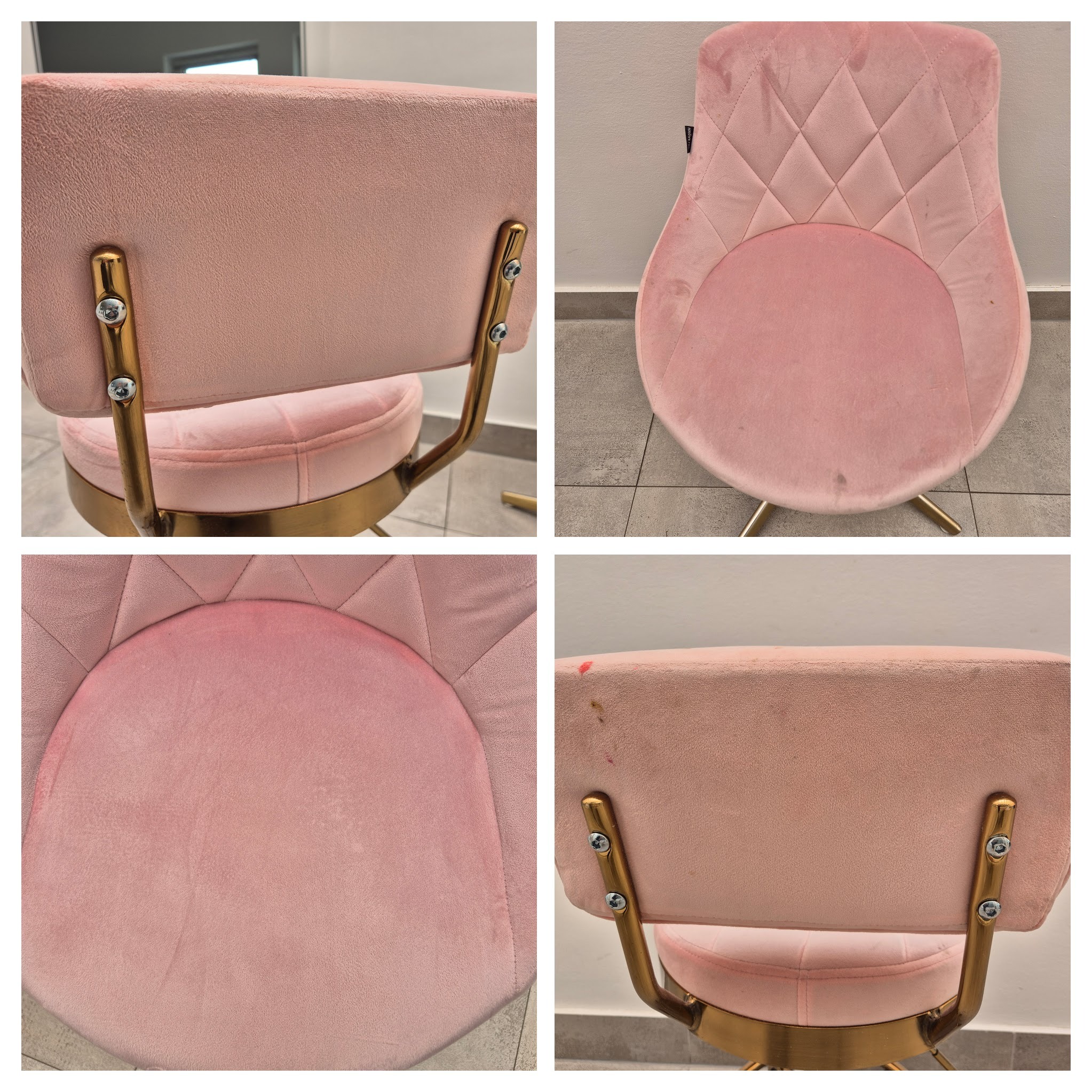 Różowe krzesło tapicerowane z plamami i złotą podstawą, widoczne z różnych perspektyw, ukazujące stopień zabrudzenia przed potencjalnym czyszczeniem.