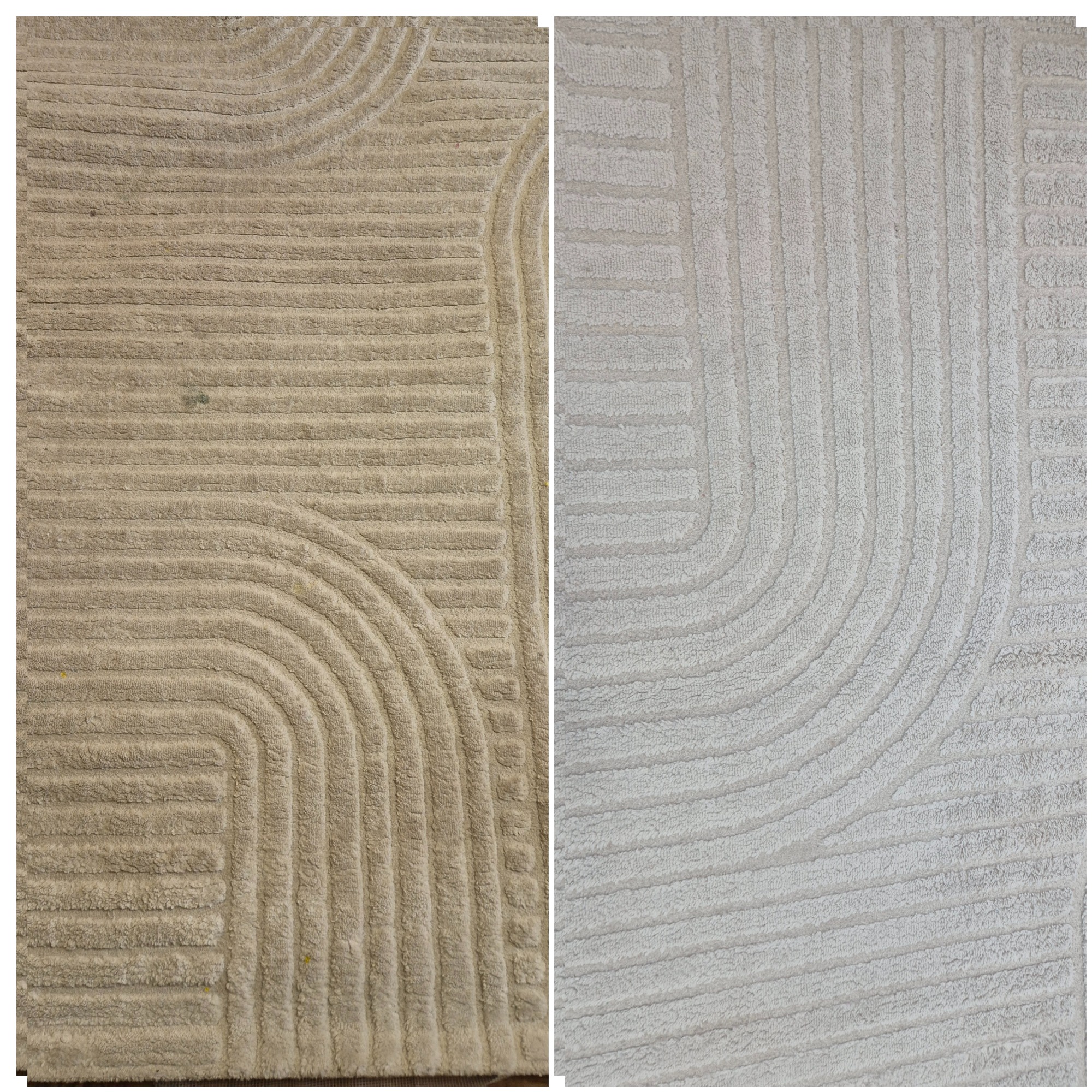 Dywan z geometrycznym wzorem, podzielony na dwie części: zabrudzoną i wyczyszczoną, ukazujący efekt prania. Widoczne różnice w kolorze i czystości włókien.