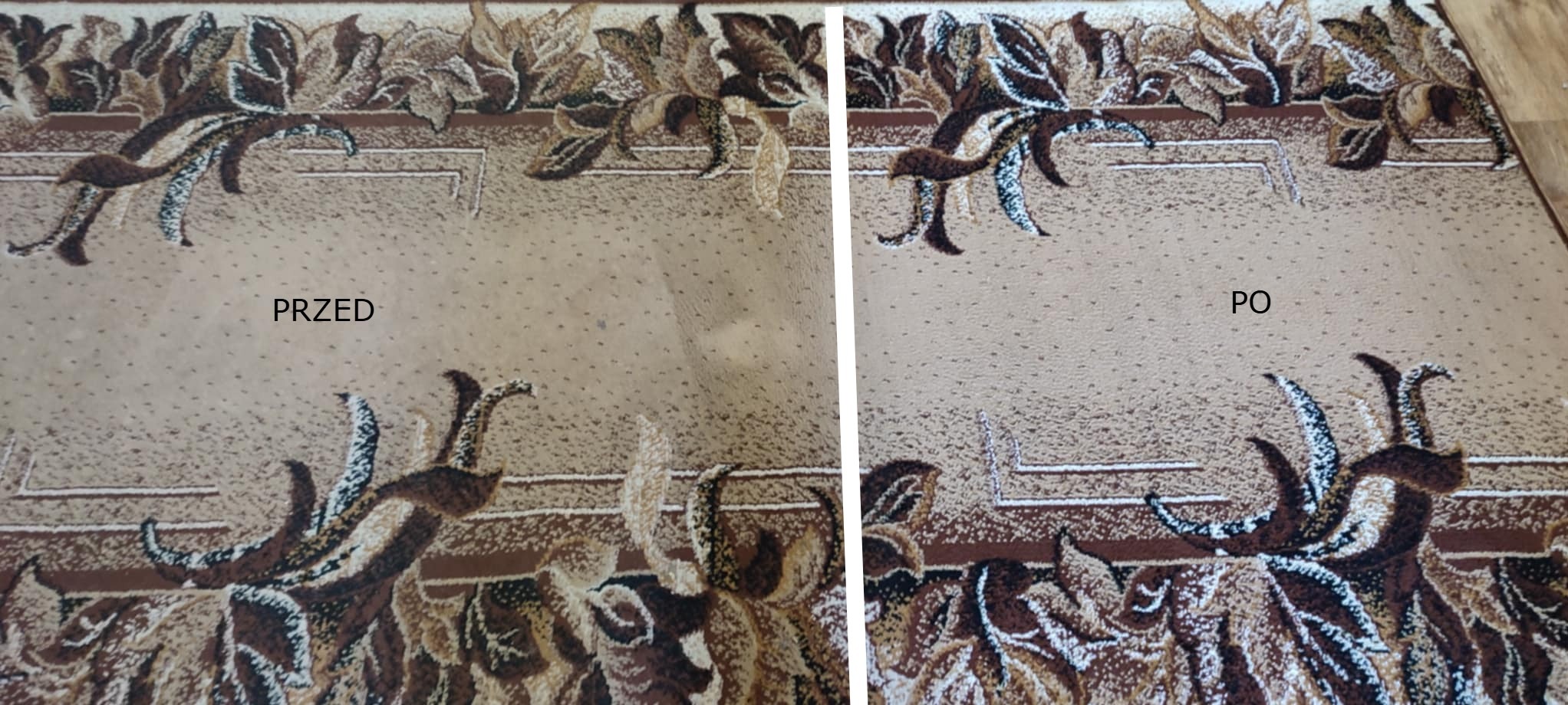 Dywan z beżowym tłem i brązowym wzorem, podzielony na dwie części: 'Przed' z widocznymi plamami i 'Po' - czysty, ukazujący efekt usługi prania.